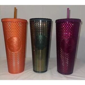 3 Starbucks Studded Cold Cup Tumblers - 24oz - New. Orange, Rainbow & Cranberry